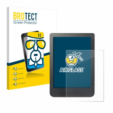 Face avant d’un emballage produit avec le logo de la marque BROTECT. À côté, l’appareil Kobo Clara HD (6