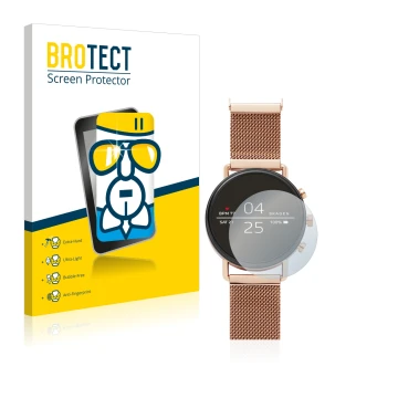 Face avant d’un emballage produit avec le logo de la marque BROTECT. À côté, l’appareil Skagen Smartwatch Falster 40mm est rep
