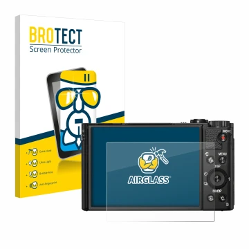 Face avant d’un emballage produit avec le logo de la marque BROTECT. À côté, l’appareil Sony Cyber-Shot DSC-HX99 est représent
