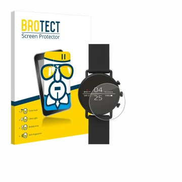 Face avant d’un emballage produit avec le logo de la marque BROTECT. À côté, l’appareil Skagen Smartwatch Falster 2 est représ