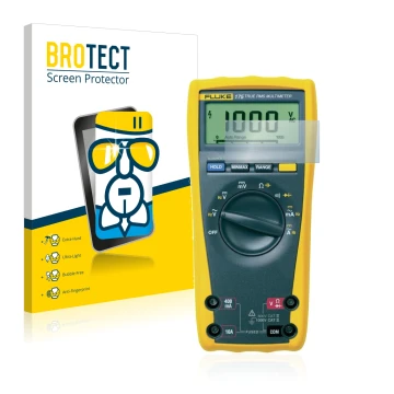 Face avant d’un emballage produit avec le logo de la marque BROTECT. À côté, l’appareil Fluke MultiMeter 175 est représenté av