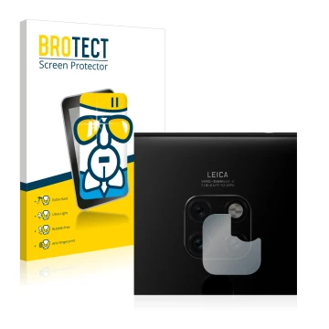Face avant d’un emballage produit avec le logo de la marque BROTECT. À côté, l’appareil Huawei Mate 20 (Caméra UNIQUEMENT) est