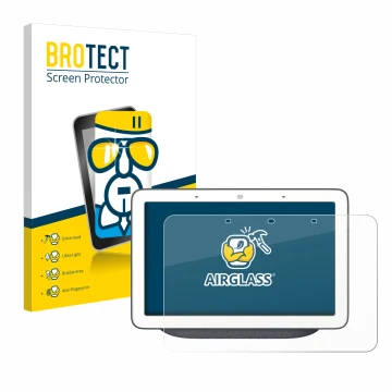 Face avant d’un emballage produit avec le logo de la marque BROTECT. À côté, l’appareil Google Home Hub est représenté avec la