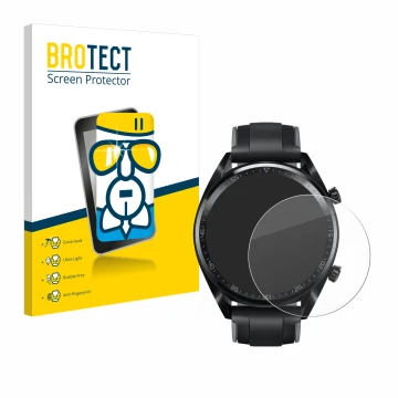 Face avant d’un emballage produit avec le logo de la marque BROTECT. À côté, l’appareil Huawei Watch GT (46 mm) 2018 est repré