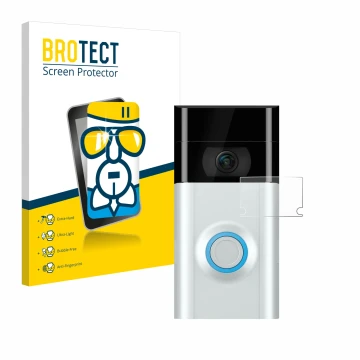 Face avant d’un emballage produit avec le logo de la marque BROTECT. À côté, l’appareil Ring Doorbell 2 (Lentille) est représe