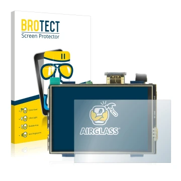 Face avant d’un emballage produit avec le logo de la marque BROTECT. À côté, l’appareil Raspberry Pi Touchscreen (3.5