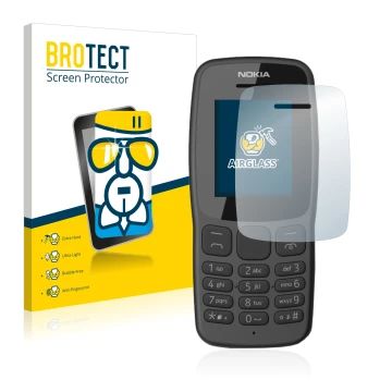 Face avant d’un emballage produit avec le logo de la marque BROTECT. À côté, l’appareil Nokia 106 2018 est représenté avec la 