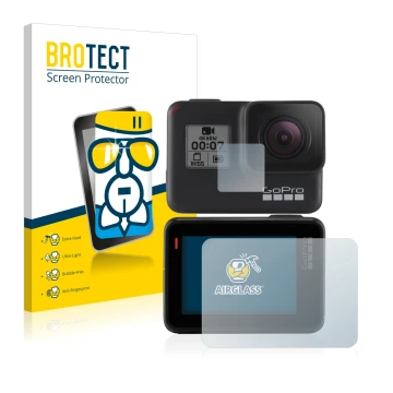 Face avant d’un emballage produit avec le logo de la marque BROTECT. À côté, l’appareil GoPro Hero 7 Black est représenté avec