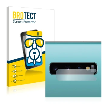 Face avant d’un emballage produit avec le logo de la marque BROTECT. À côté, l’appareil Samsung Galaxy S10 Plus (Caméra UNIQUE