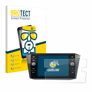 Face avant d’un emballage produit avec le logo de la marque BROTECT. À côté, l’appareil Volkswagen Tiguan Discover Media 8