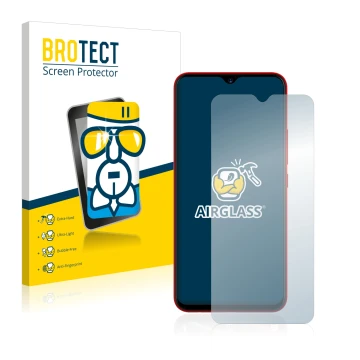 Face avant d’un emballage produit avec le logo de la marque BROTECT. À côté, l’appareil Umidigi F1 est représenté avec la prot