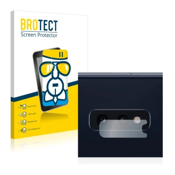 Face avant d’un emballage produit avec le logo de la marque BROTECT. À côté, l’appareil Samsung Galaxy S10e (Caméra UNIQUEMENT