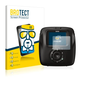 Face avant d’un emballage produit avec le logo de la marque BROTECT. À côté, l’appareil Fujifilm Instax Square SQ20 est représ