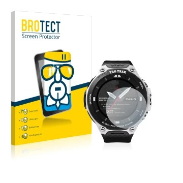 Face avant d’un emballage produit avec le logo de la marque BROTECT. À côté, l’appareil Casio Pro Trek Smart WSD-F20 est repré