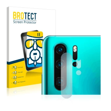 Face avant d’un emballage produit avec le logo de la marque BROTECT. À côté, l’appareil Huawei P30 Pro (Caméra UNIQUEMENT) est