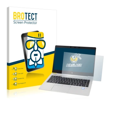 Face avant d’un emballage produit avec le logo de la marque BROTECT. À côté, l’appareil HP EliteBook 830 G5 Non-Touch est repr