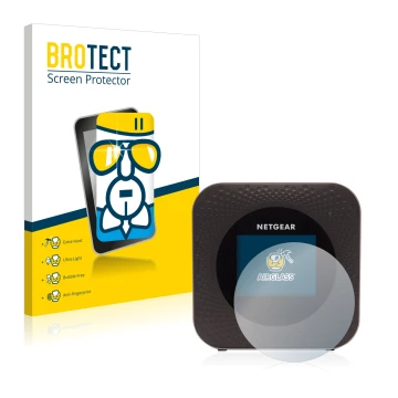 Face avant d’un emballage produit avec le logo de la marque BROTECT. À côté, l’appareil Netgear Nighthawk M1 est représenté av