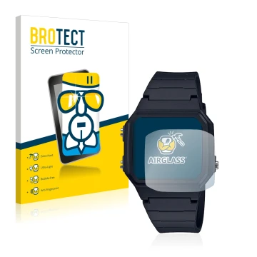 Face avant d’un emballage produit avec le logo de la marque BROTECT. À côté, l’appareil Casio Unisex A168WA-1YES est représent