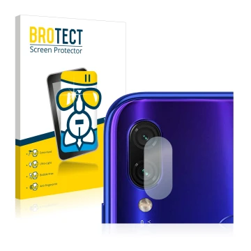 Face avant d’un emballage produit avec le logo de la marque BROTECT. À côté, l’appareil Xiaomi Redmi Note 7 (Caméra UNIQUEMENT