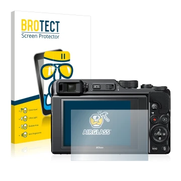 Face avant d’un emballage produit avec le logo de la marque BROTECT. À côté, l’appareil Nikon Coolpix A1000 est représenté ave