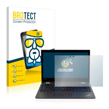 Face avant d’un emballage produit avec le logo de la marque BROTECT. À côté, l’appareil Lenovo ThinkPad L390 Yoga est représen
