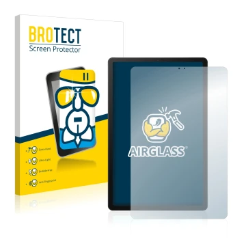 Face avant d’un emballage produit avec le logo de la marque BROTECT. À côté, l’appareil Samsung Galaxy Tab S5e LTE 2019 est re