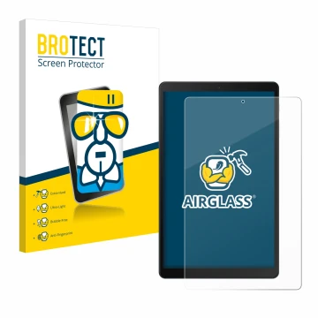 Face avant d’un emballage produit avec le logo de la marque BROTECT. À côté, l’appareil Samsung Galaxy Tab A 10.1 WiFi 2019 es