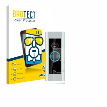 Face avant d’un emballage produit avec le logo de la marque BROTECT. À côté, l’appareil Ring Video Doorbell Pro (Version 2) es