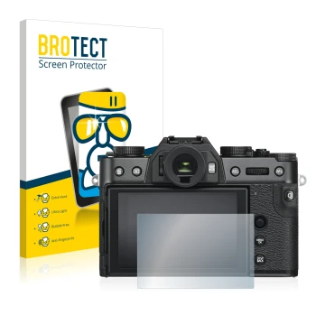 Face avant d’un emballage produit avec le logo de la marque BROTECT. À côté, l’appareil Fujifilm X-T30 est représenté avec la 