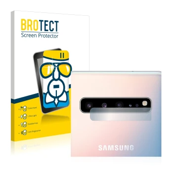 Face avant d’un emballage produit avec le logo de la marque BROTECT. À côté, l’appareil Samsung Galaxy S10 5G (Caméra UNIQUEME
