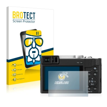 Face avant d’un emballage produit avec le logo de la marque BROTECT. À côté, l’appareil Panasonic Lumix DC-TZ96 est représenté