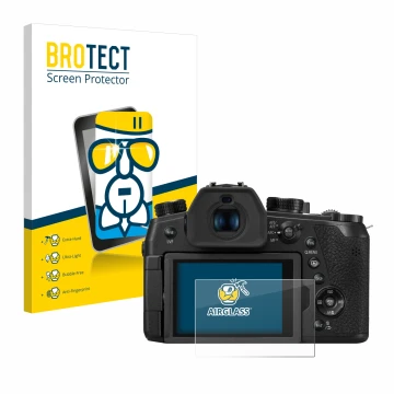 Face avant d’un emballage produit avec le logo de la marque BROTECT. À côté, l’appareil Panasonic Lumix DC-FZ1000 II est repré