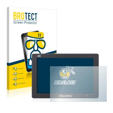 Face avant d’un emballage produit avec le logo de la marque BROTECT. À côté, l’appareil Feelworld T7 7