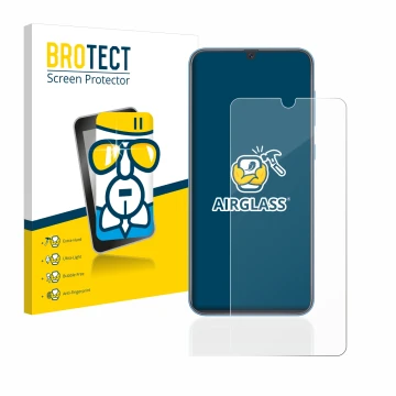 Face avant d’un emballage produit avec le logo de la marque BROTECT. À côté, l’appareil Samsung Galaxy A40 est représenté avec