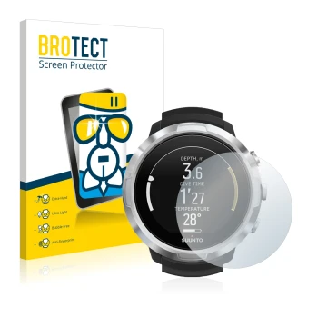 Face avant d’un emballage produit avec le logo de la marque BROTECT. À côté, l’appareil Suunto D6 Support est représenté avec 