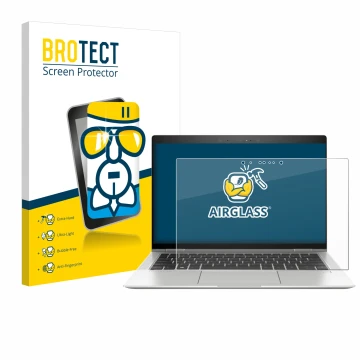 Face avant d’un emballage produit avec le logo de la marque BROTECT. À côté, l’appareil HP EliteBook x360 1030 G3 est représen