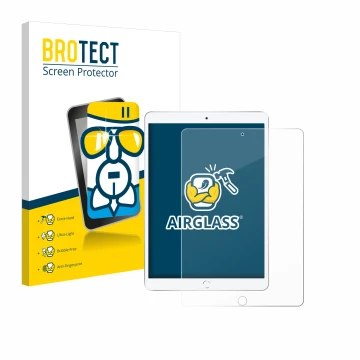 Face avant d’un emballage produit avec le logo de la marque BROTECT. À côté, l’appareil Apple iPad Air 2019 (3ème Gen.) est re