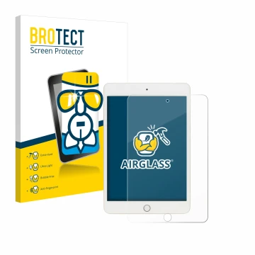 Face avant d’un emballage produit avec le logo de la marque BROTECT. À côté, l’appareil Apple iPad Mini 5 2019 (5ème Gen.) est