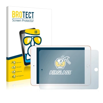 Face avant d’un emballage produit avec le logo de la marque BROTECT. À côté, l’appareil Apple iPad Mini 5 2019 (en paysage, 5è