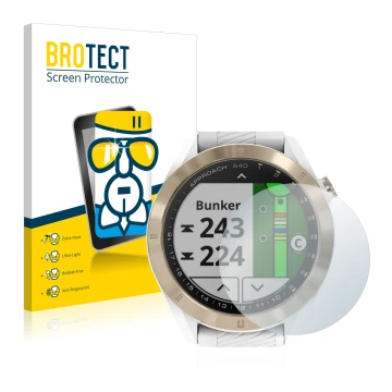 Face avant d’un emballage produit avec le logo de la marque BROTECT. À côté, l’appareil Garmin Approach S40 est représenté ave
