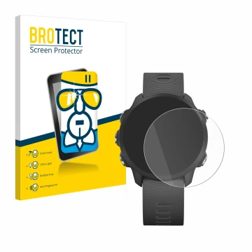 Face avant d’un emballage produit avec le logo de la marque BROTECT. À côté, l’appareil Garmin Forerunner 245 Music est représ
