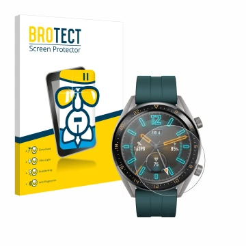 Face avant d’un emballage produit avec le logo de la marque BROTECT. À côté, l’appareil Huawei Watch GT Active est représenté 