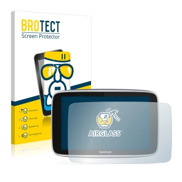 Face avant d’un emballage produit avec le logo de la marque BROTECT. À côté, l’appareil TomTom GO Premium (5