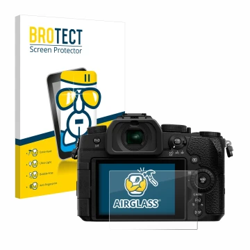Face avant d’un emballage produit avec le logo de la marque BROTECT. À côté, l’appareil Panasonic Lumix DC-G91 est représenté 