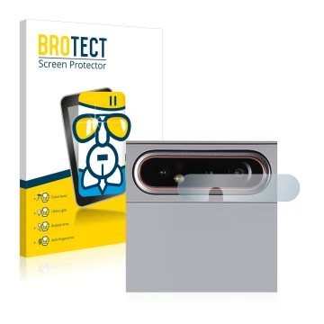 Face avant d’un emballage produit avec le logo de la marque BROTECT. À côté, l’appareil Samsung Galaxy A80 (Caméra UNIQUEMENT)