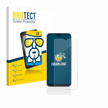 Face avant d’un emballage produit avec le logo de la marque BROTECT. À côté, l’appareil Samsung Galaxy A20e est représenté ave