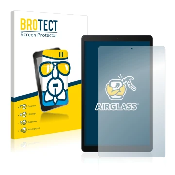 Face avant d’un emballage produit avec le logo de la marque BROTECT. À côté, l’appareil Samsung Galaxy Tab A 10.1 2019 est rep