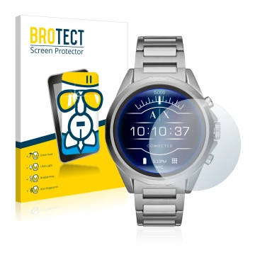 Face avant d’un emballage produit avec le logo de la marque BROTECT. À côté, l’appareil Emporio Armani Connected Exchange AXT2