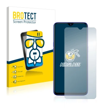 Face avant d’un emballage produit avec le logo de la marque BROTECT. À côté, l’appareil realme 3 Pro est représenté avec la pr