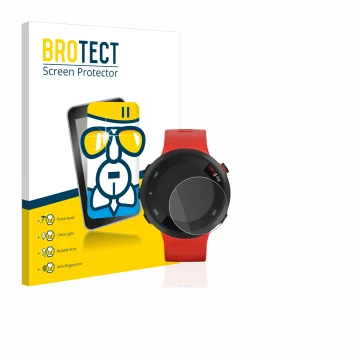 Face avant d’un emballage produit avec le logo de la marque BROTECT. À côté, l’appareil Garmin Forerunner 45 est représenté av